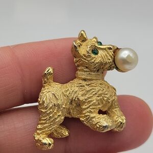 Gold Dog Brooch with Faux Pearl and Green Accents